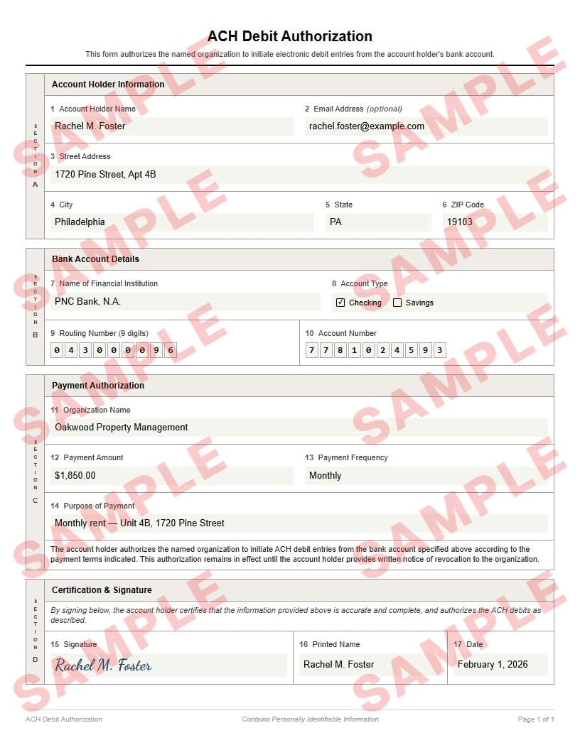 Watermarked sample of the ACH debit authorization form