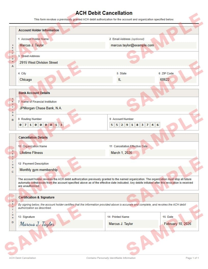 Watermarked sample of the ACH debit cancellation letter
