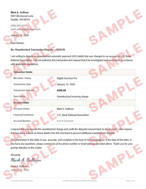 Watermarked sample of the automatic payment dispute letter