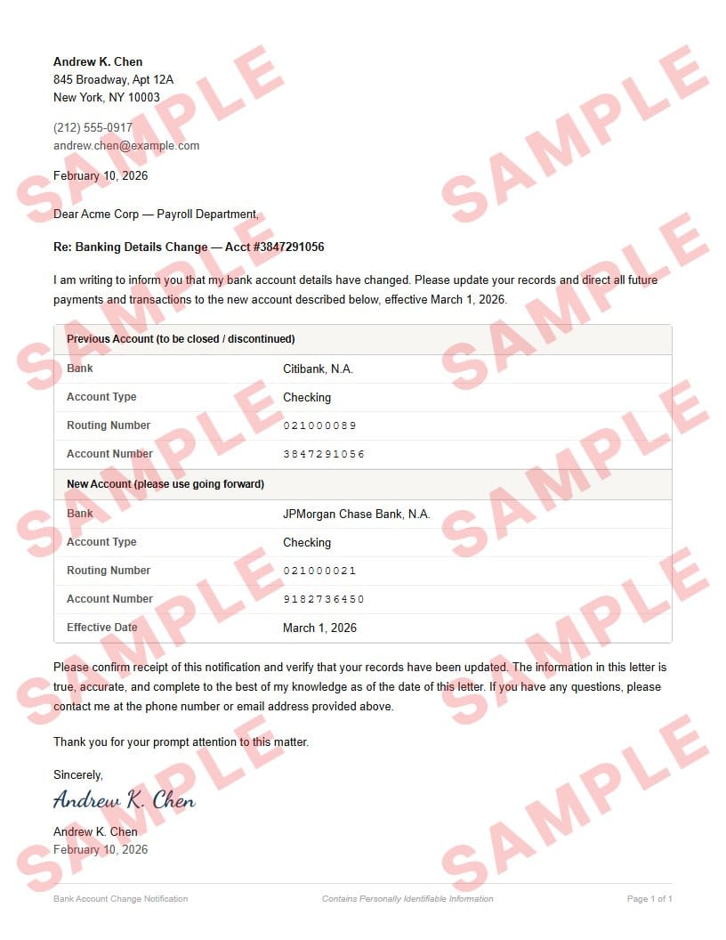 Watermarked sample of the bank account change notification letter