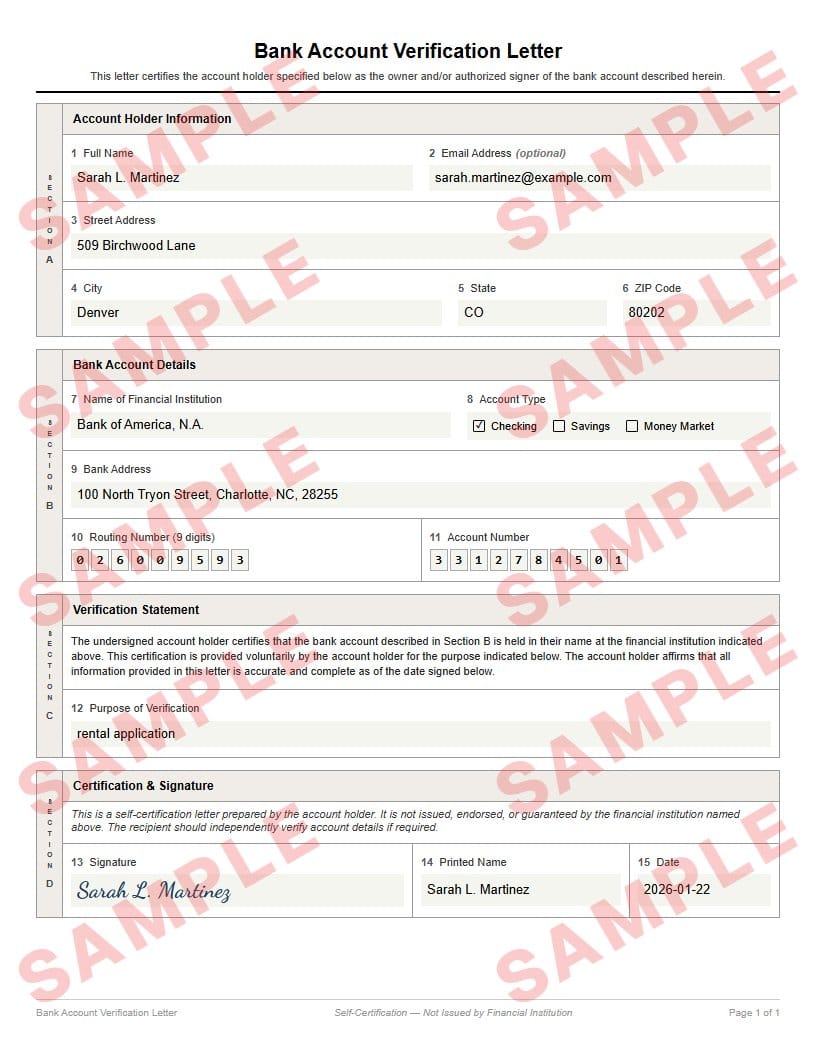 Watermarked sample of the bank account verification letter