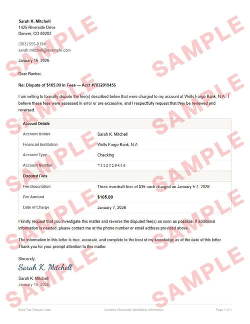 Watermarked sample of the bank fee dispute letter