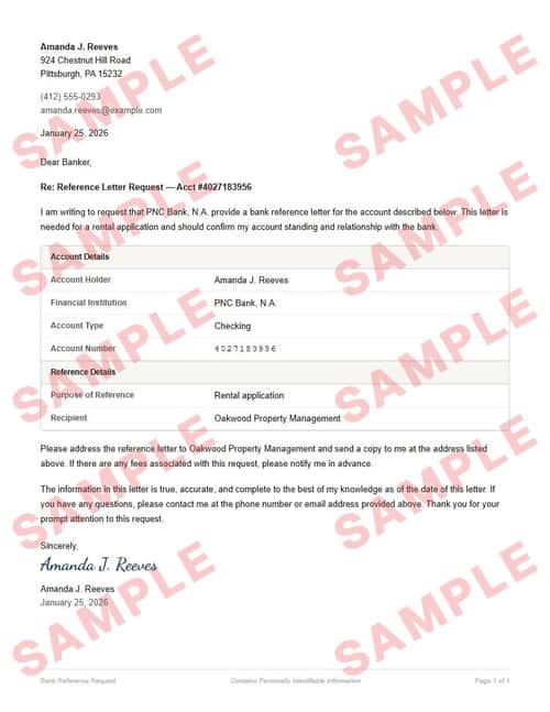 Watermarked sample of the bank reference request