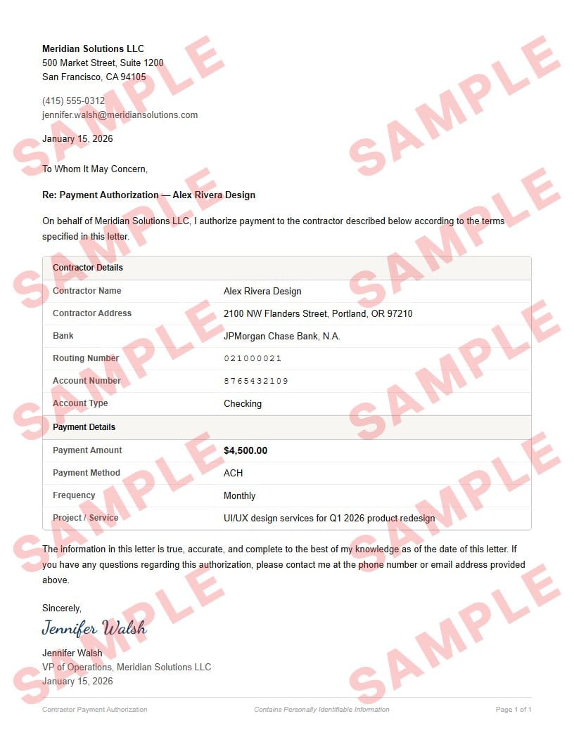 Watermarked sample of the contractor payment authorization form