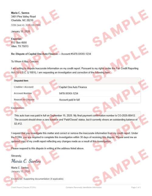 Watermarked sample of the credit dispute letter