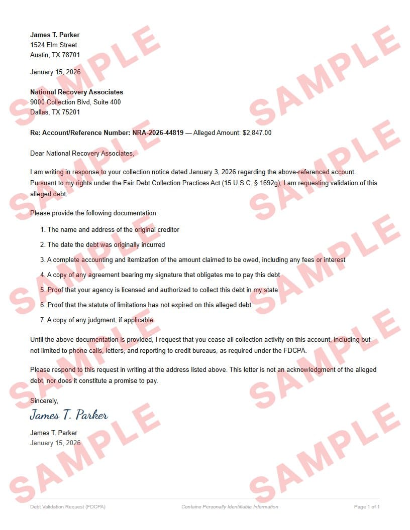 Watermarked sample of the debt validation letter