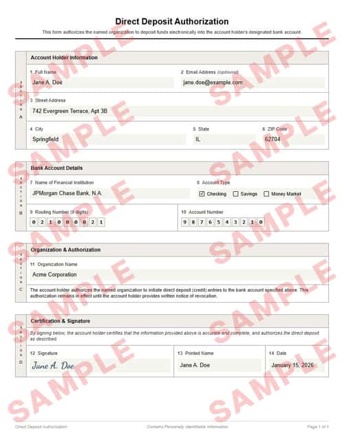 Watermarked sample of the direct deposit authorization form