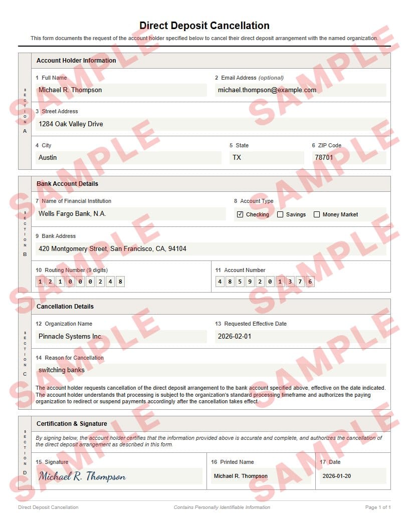 Watermarked sample of the direct deposit cancellation form