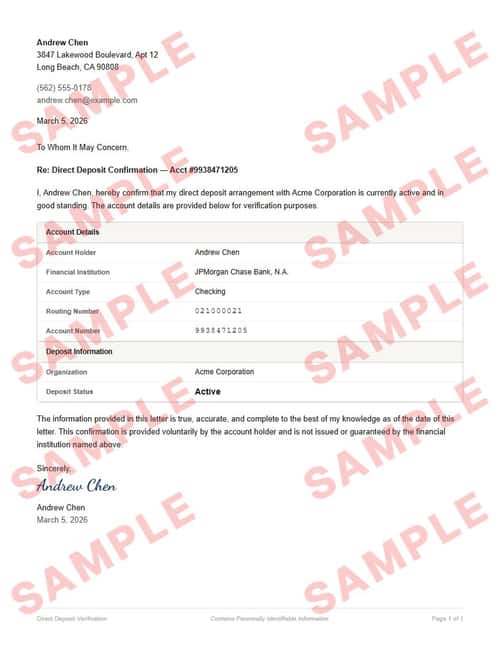 Watermarked sample of the direct deposit verification letter