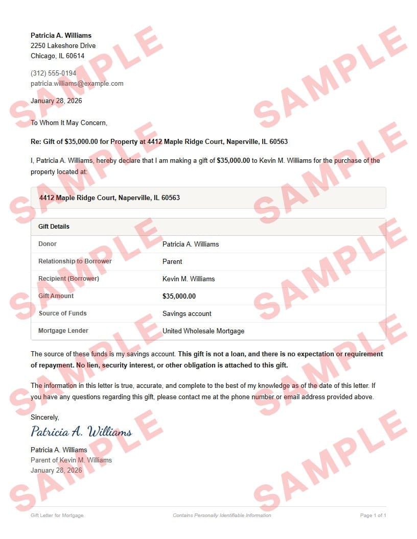 Watermarked sample of the gift letter for mortgage