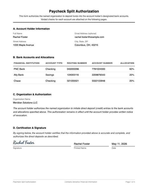 Watermarked sample of the paycheck split authorization form