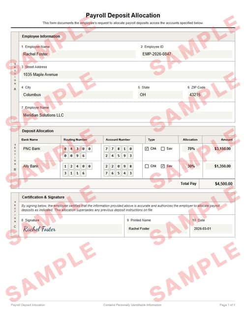 Watermarked sample of the payroll deposit allocation form