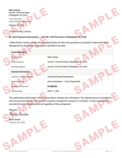 Watermarked sample of the rent payment authorization