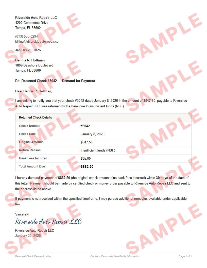 Watermarked sample of the returned check demand letter