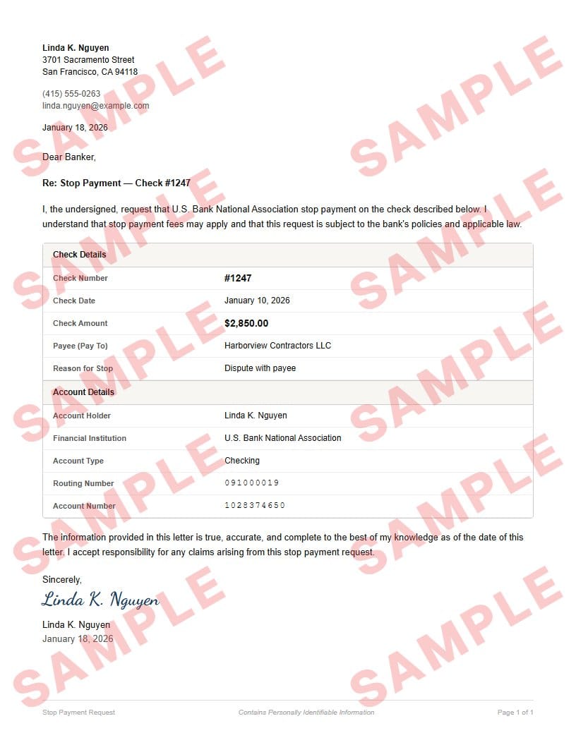 Watermarked sample of the stop payment request form