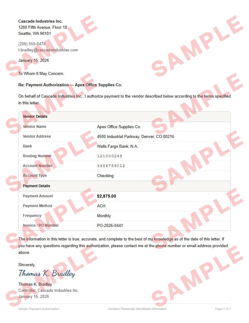 Watermarked sample of the vendor payment authorization form