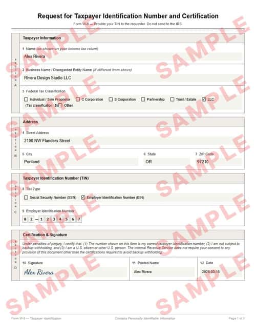 Watermarked sample of the W-9 form