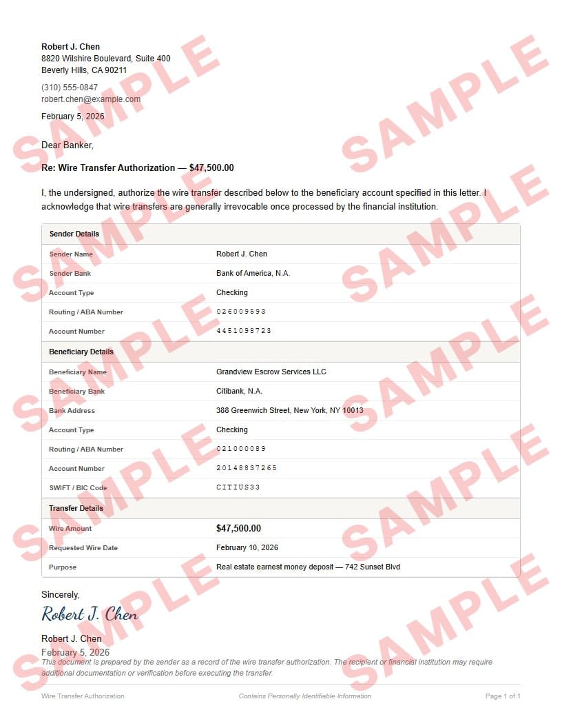Watermarked sample of the wire transfer authorization form